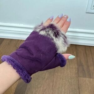 Purple Sheepskin Fingerless Gloves with Fur Trim